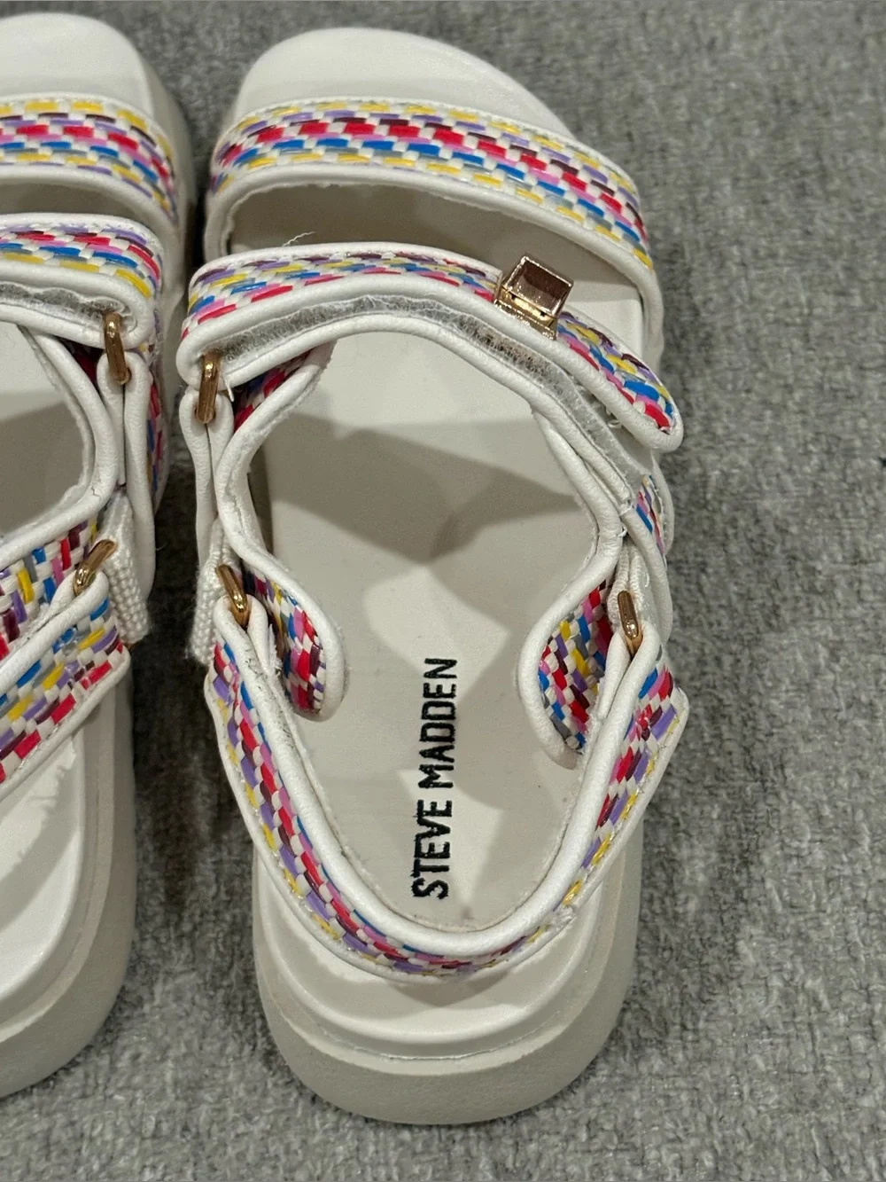 Steve Madden Woven Strap Kid’s White Sandals with Multicolor Accents